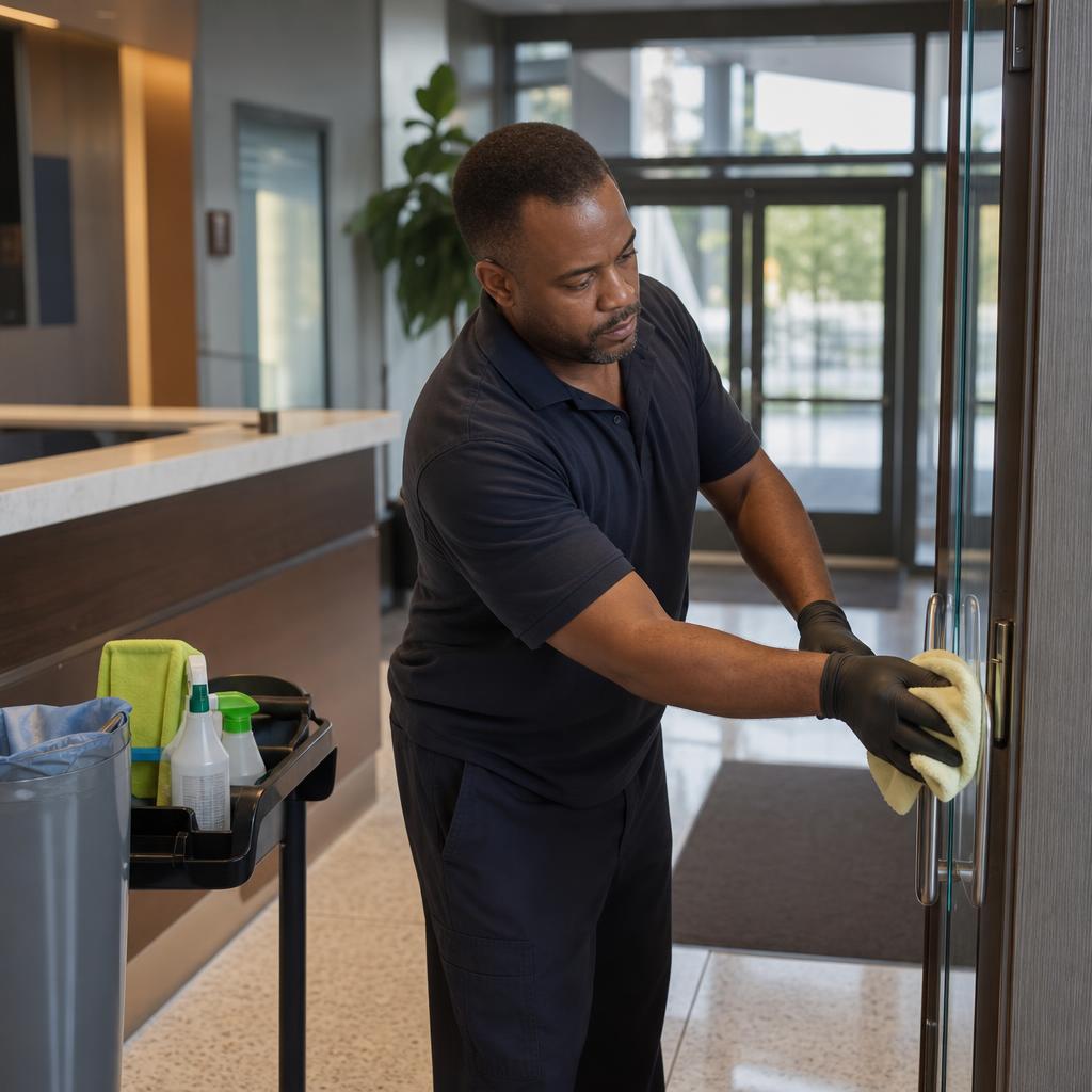 Cleaner wiping high-touch surfaces in a commercial reception area