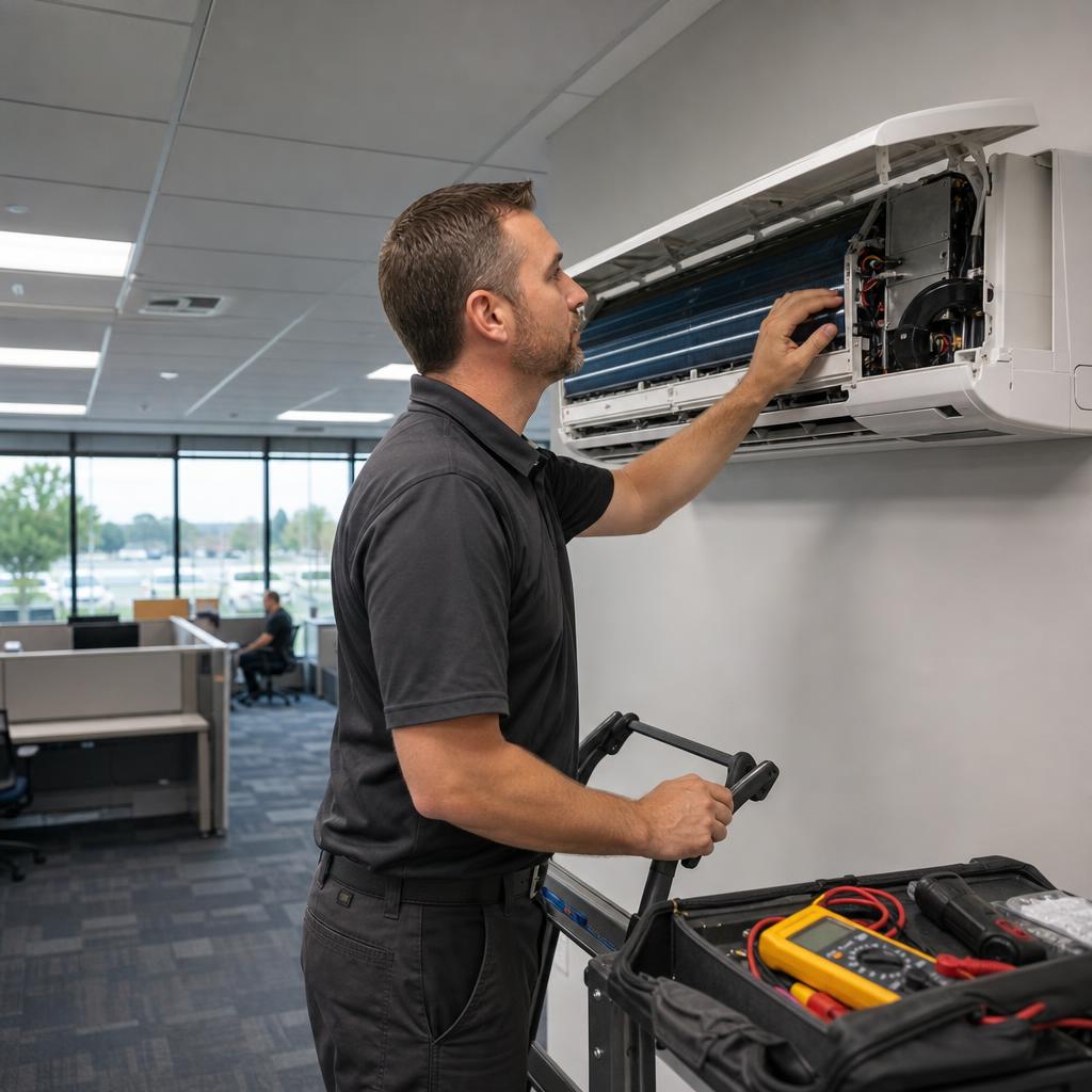 Technician inspecting a mini-split unit in a commercial office